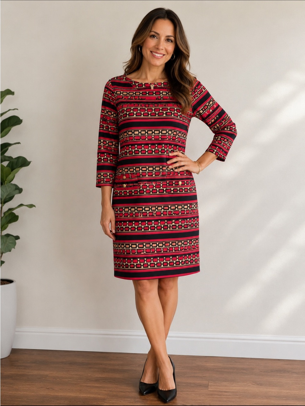 JUDE CONNALLY Size Large  Red Geo Print SHIFT DRESS Jersey Stretch Women’s